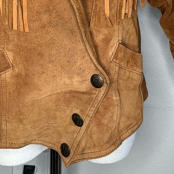 Vintage Wilson’s Leather Brown Suede Fringe Trim Diagonal Snap Button Jacket - Picture 8 of 13